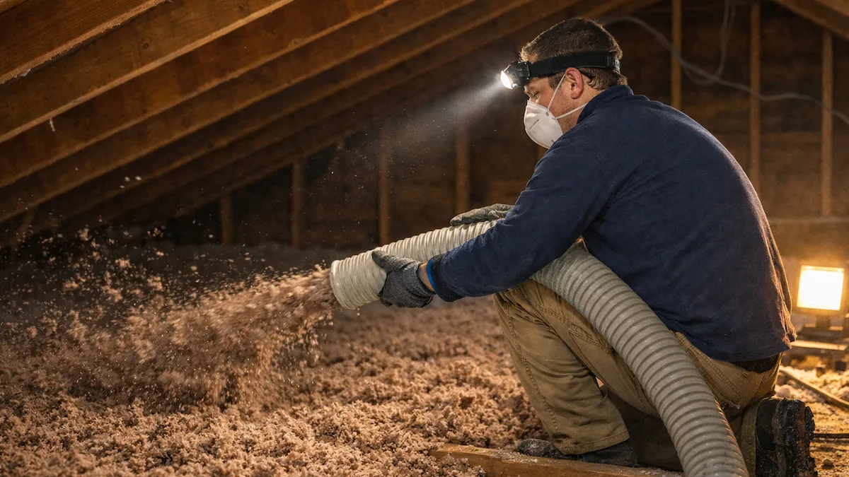 Cellulose insulation being blown into an attic
